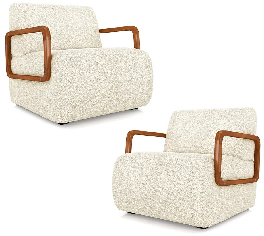 Kit 2 Poltronas Decorativa Sala de Estar Odessa Braços em Madeira Bouclê Off White G33 - Gran Belo