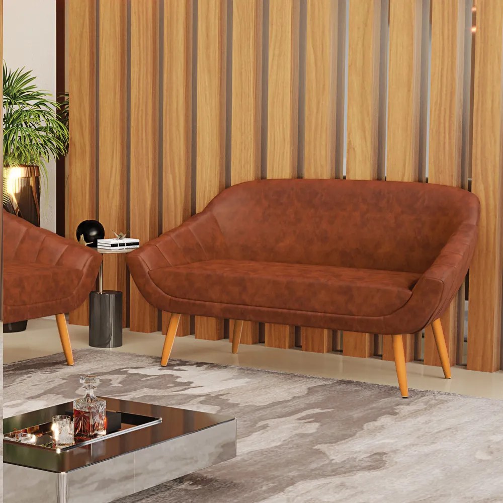 Namoradeira 02 Lugares Giovana Corano Nozes Pés Palito Castanho - Indo Decorar