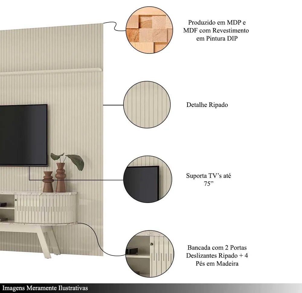 Conjunto Painel com Bancada Greene 2 Portas Deslizantes MDP até 75 Calacata/OffWhite G97 - Gran Belo