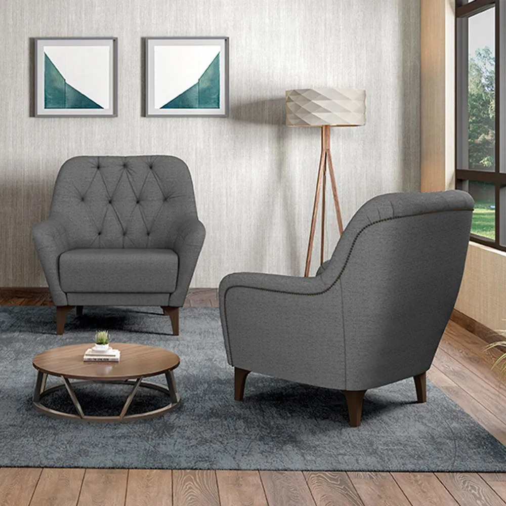 Kit 2 Poltronas Decorativas Pés em Madeira Petra Linho Chumbo G45 - Gran Belo