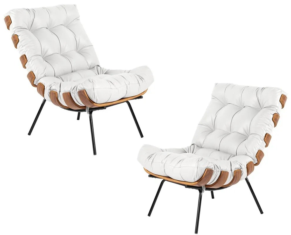 Kit 2 Poltrona Decorativa Sala de Estar Costela Couro Branco G34 - Gran Belo