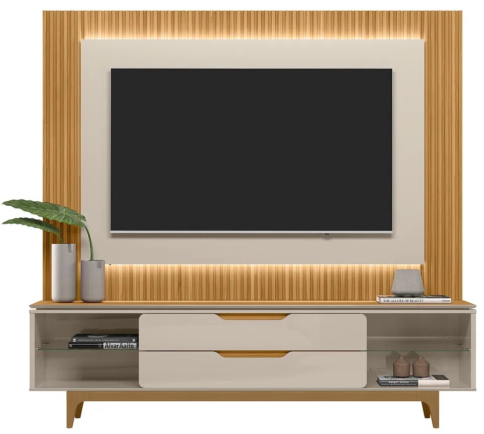 Conjunto Painel e Rack Bancada Singapura/Luanda TV até 85 Polegadas Tauari/Off White G77 - Gran Belo