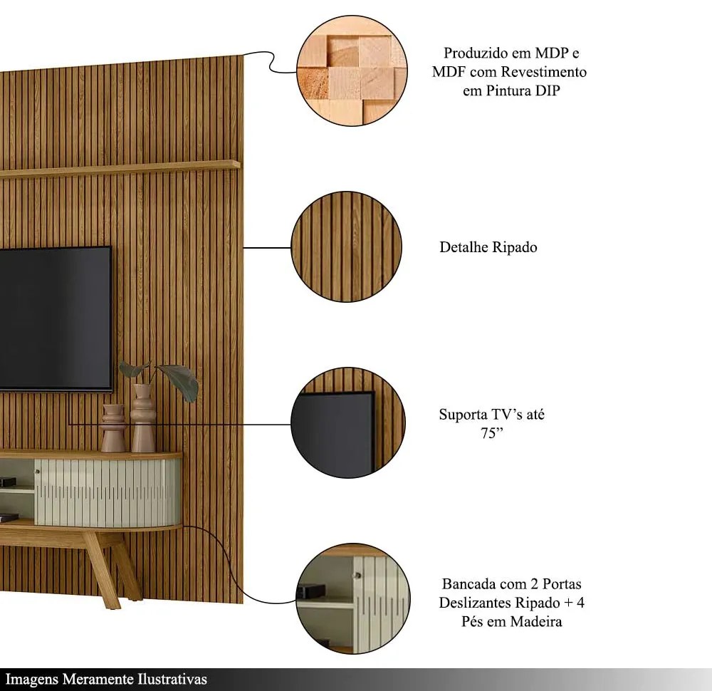 Conjunto Painel com Bancada Greene 2 Portas Deslizantes MDP até 75 Cumaru/Opala G97 - Gran Belo