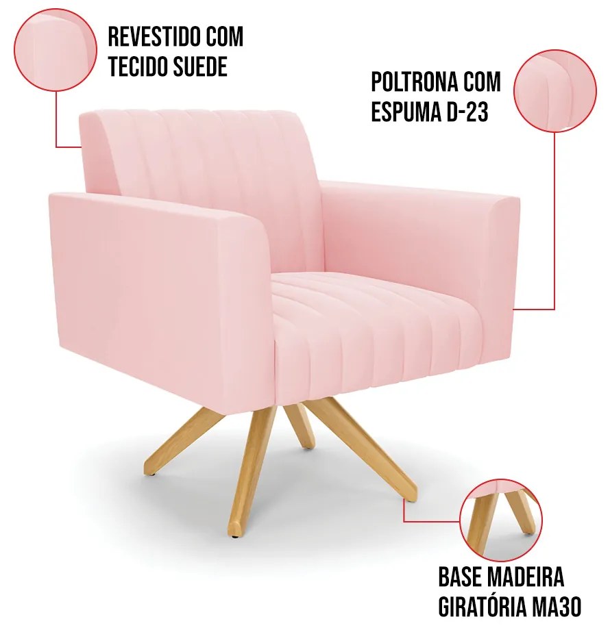 Kit 2 Poltronas Giratória Viena Gomada Suede Base de Madeira MA30 D03 - D'Rossi - Rosa Bebê