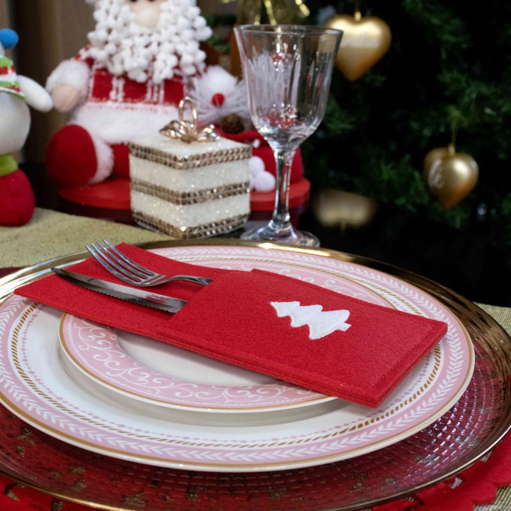 Porta talher de Natal Árvore Vermelho e Branco 23x10cm -D'Rossi