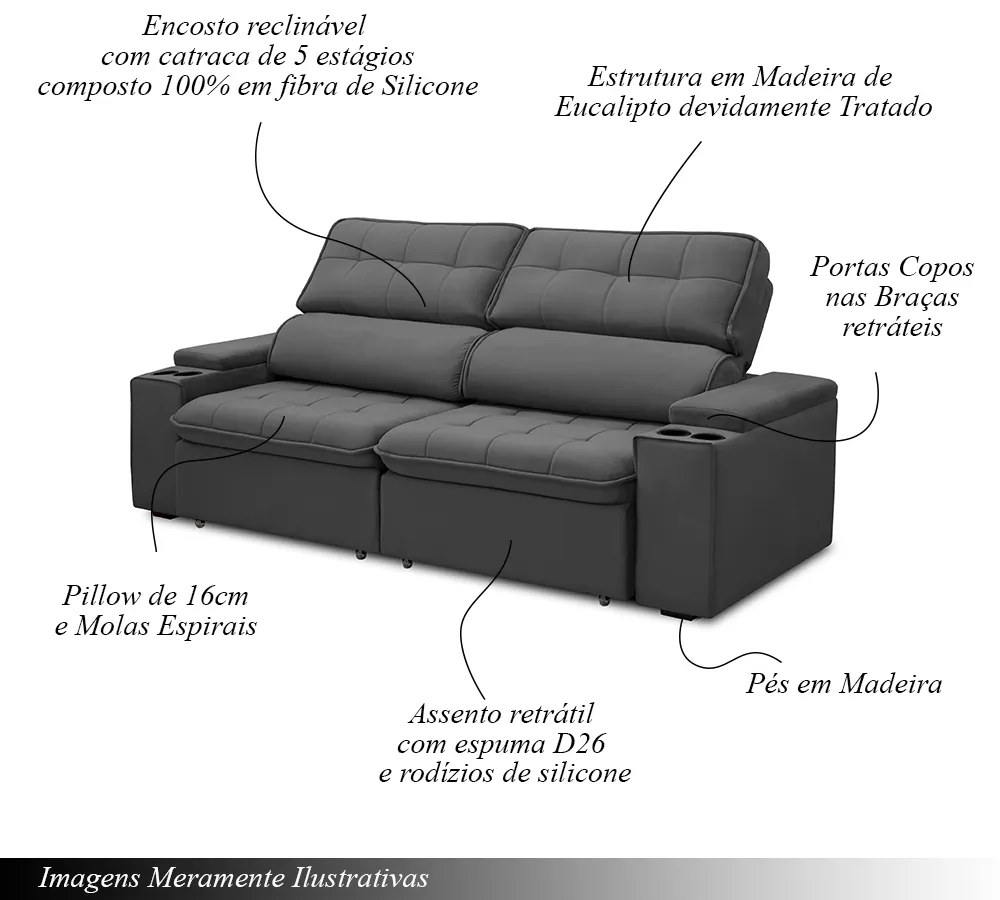 Sofá Retrátil e Reclinável 3 Lugares 210cm Zoho Porta Copos no Braço Veludo Grafite G22 - Gran Belo