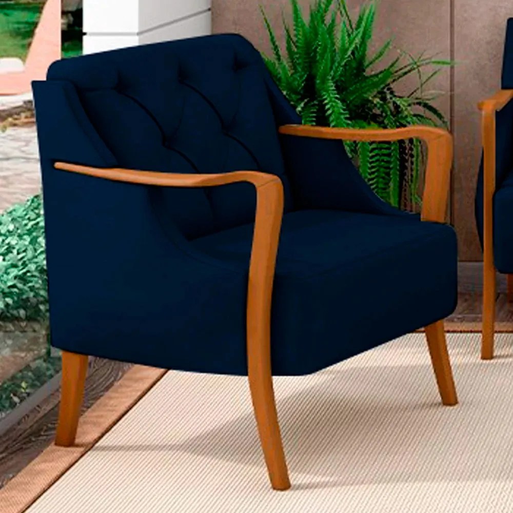 Kit 2 Poltronas Decorativas Braços em Madeira Hand Veludo Azul Marinho G45 - Gran Belo