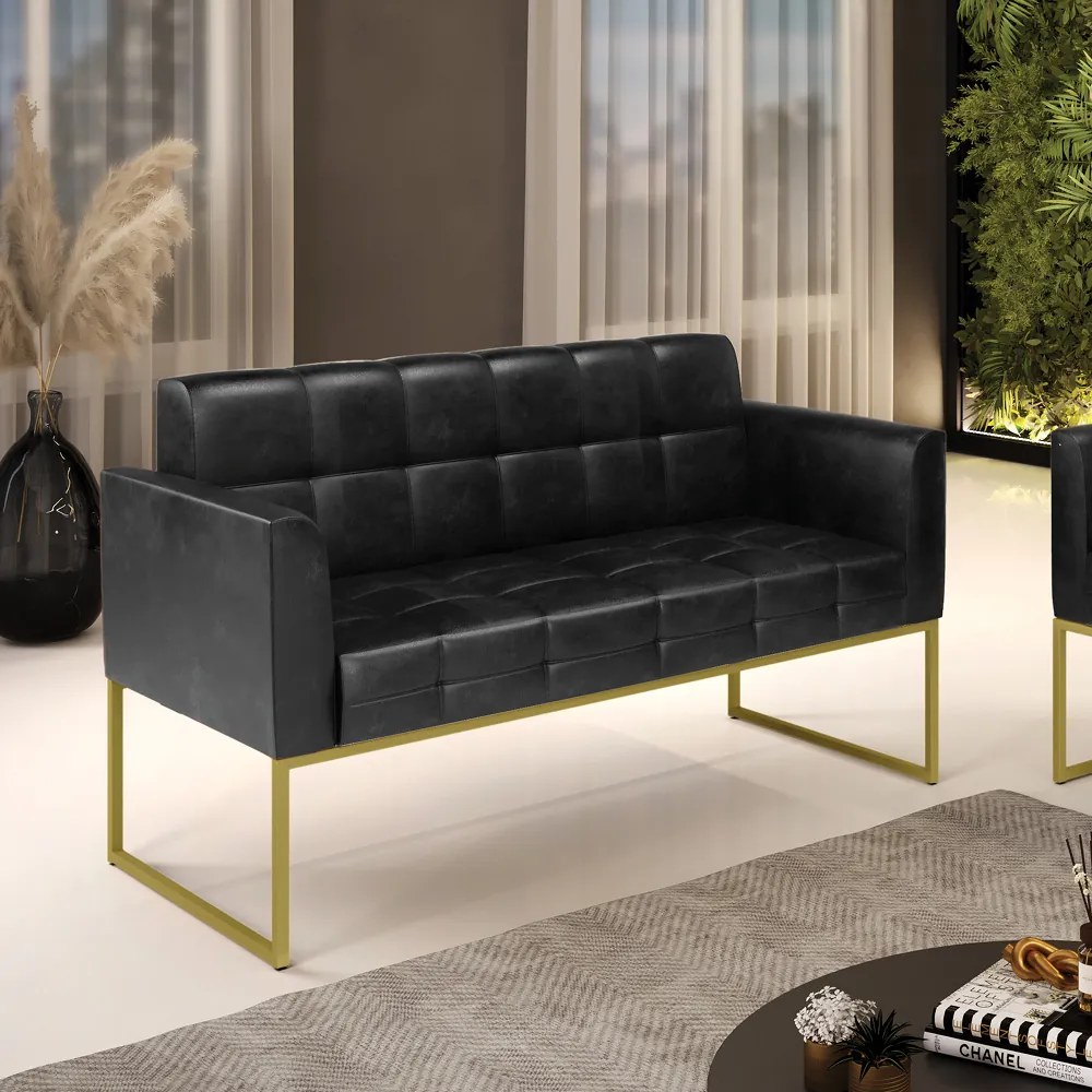 Sofá Namoradeira Elisa Corano Base Metálica Industrial Dourado - D'Rossi - Preto