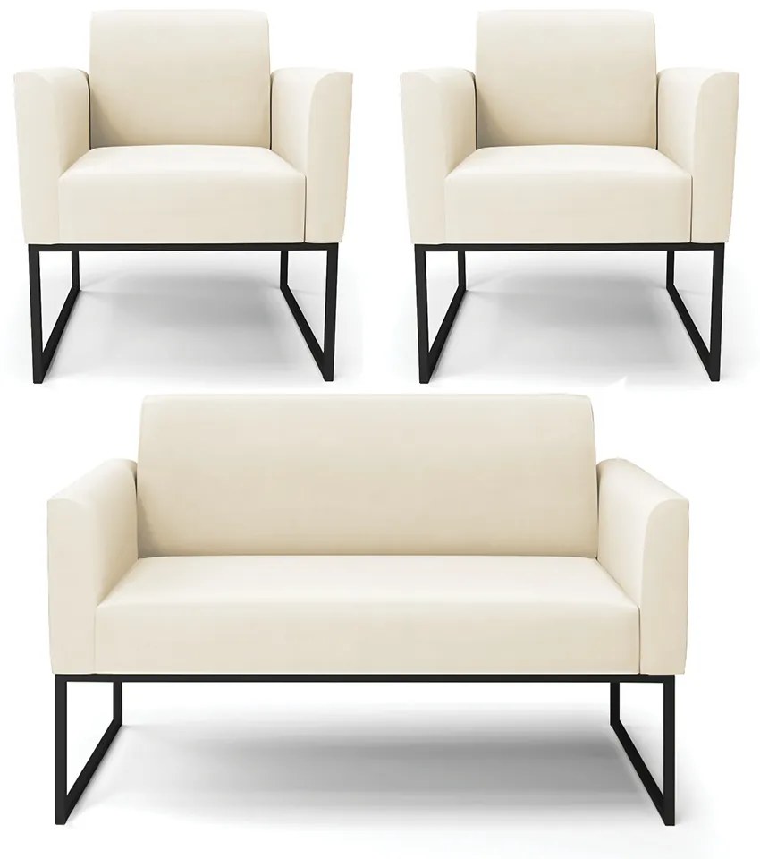 Sofá Namoradeira com 2 Poltronas Base Industrial Preto Marisa Veludo   - Bege