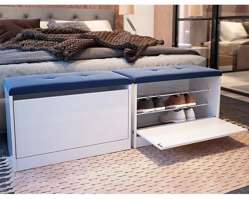 Sapateira Puff Bau Cama Versatile Premium Luxo Até 12 Pares Branco Estofado Azul