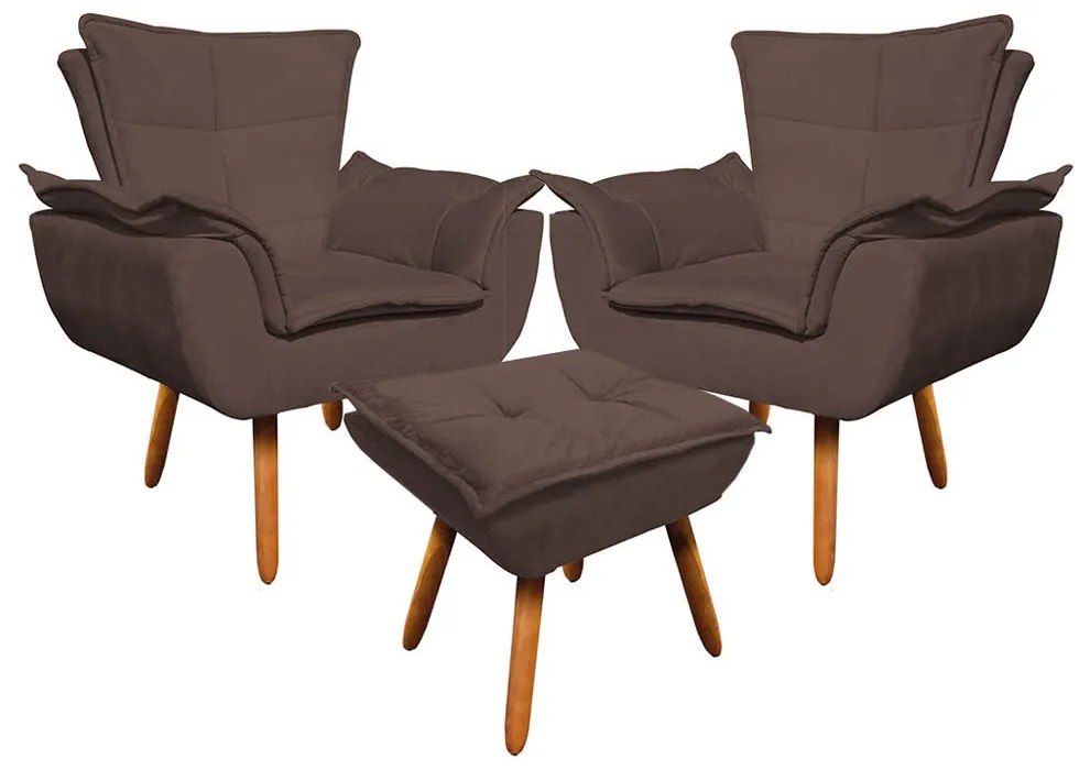 02 Poltronas e 01 Puff Pé Palito de Madeira Opala Suede D03 - D'Rossi - Marrom