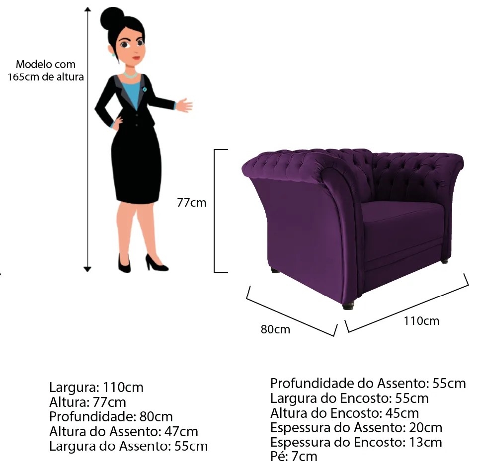 Poltrona Decorativa Chesterfield Sofia Suede Roxo - ADJ Decor