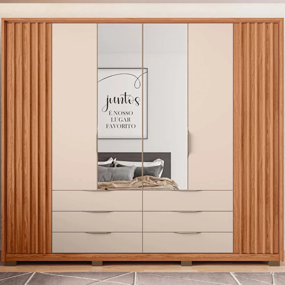 Guarda Roupa Essence Casal Ripado 6 Portas de bater com 2 Espelhos 6 Gavetas MDP Freijo/OffWhite G11 - Gran Belo