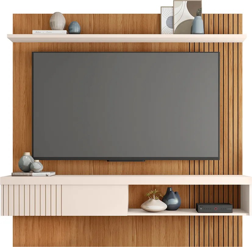 Painel TV 65 Pol 180cm Bancada Suspensa Ripado Luana C01 - D'Rossi - Freijó/Off White