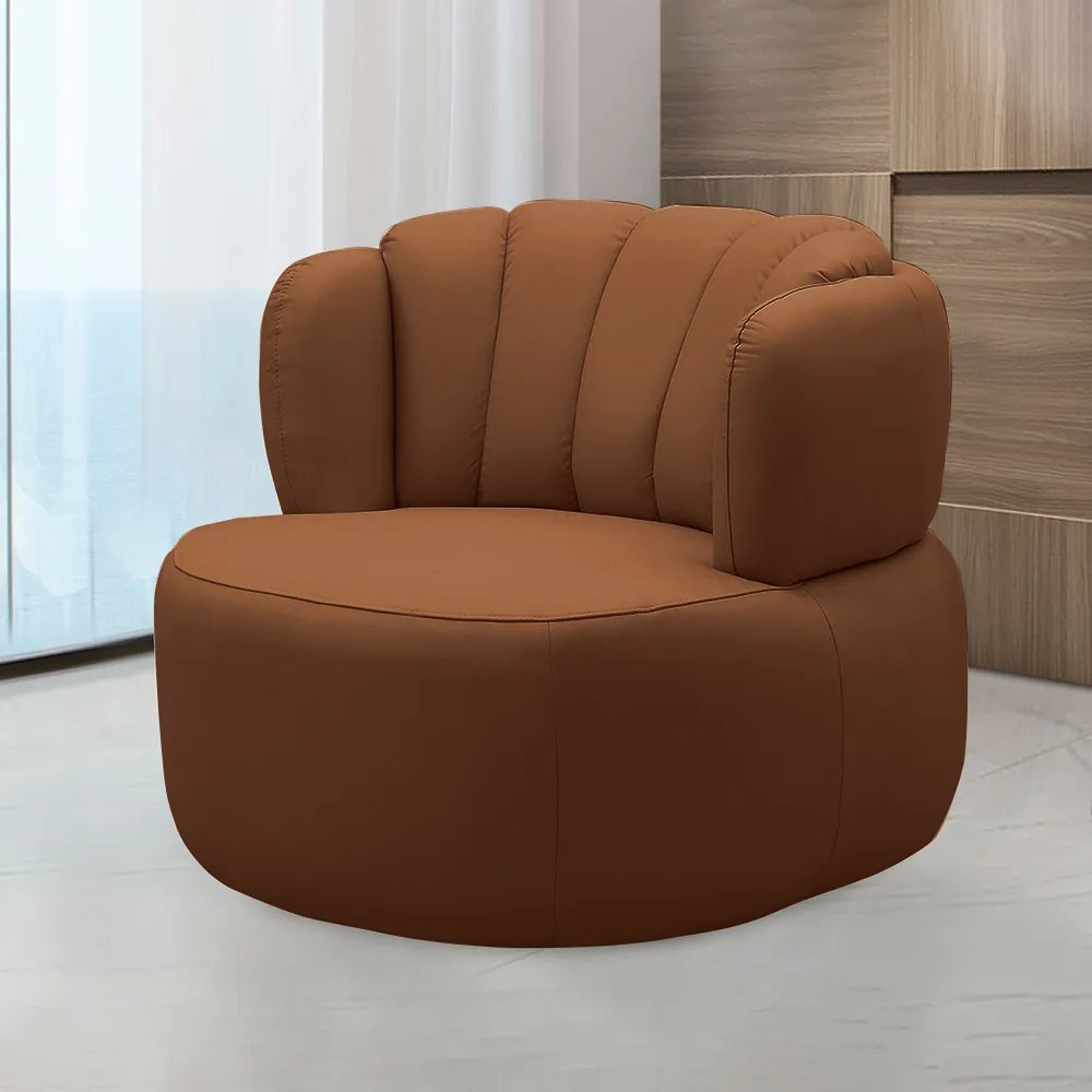 Conjunto Sala de estar Decorativo Mariele Poltrona Base Giratória em Aço com Puff Couro Conhaque G88 - Gran Belo