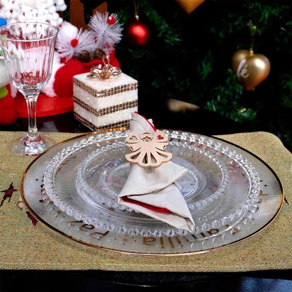 Kit 6 Sousplats de Plástico Desejos de Natal Transparente e Dourado com Estrelas 33 cm - D'Rossi