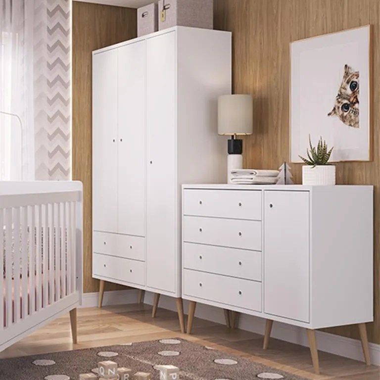 Roupeiro Infantil Retrô 2 Gavetas 3 Portas Pés Palito - Branco
