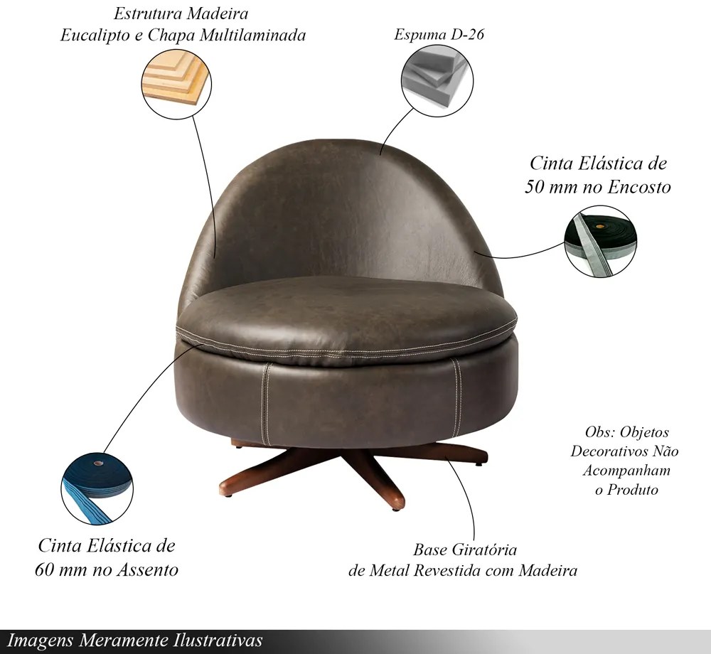 Poltrona Giulio Base de Ferro Giratória PU Marrom G92 - Gran Belo