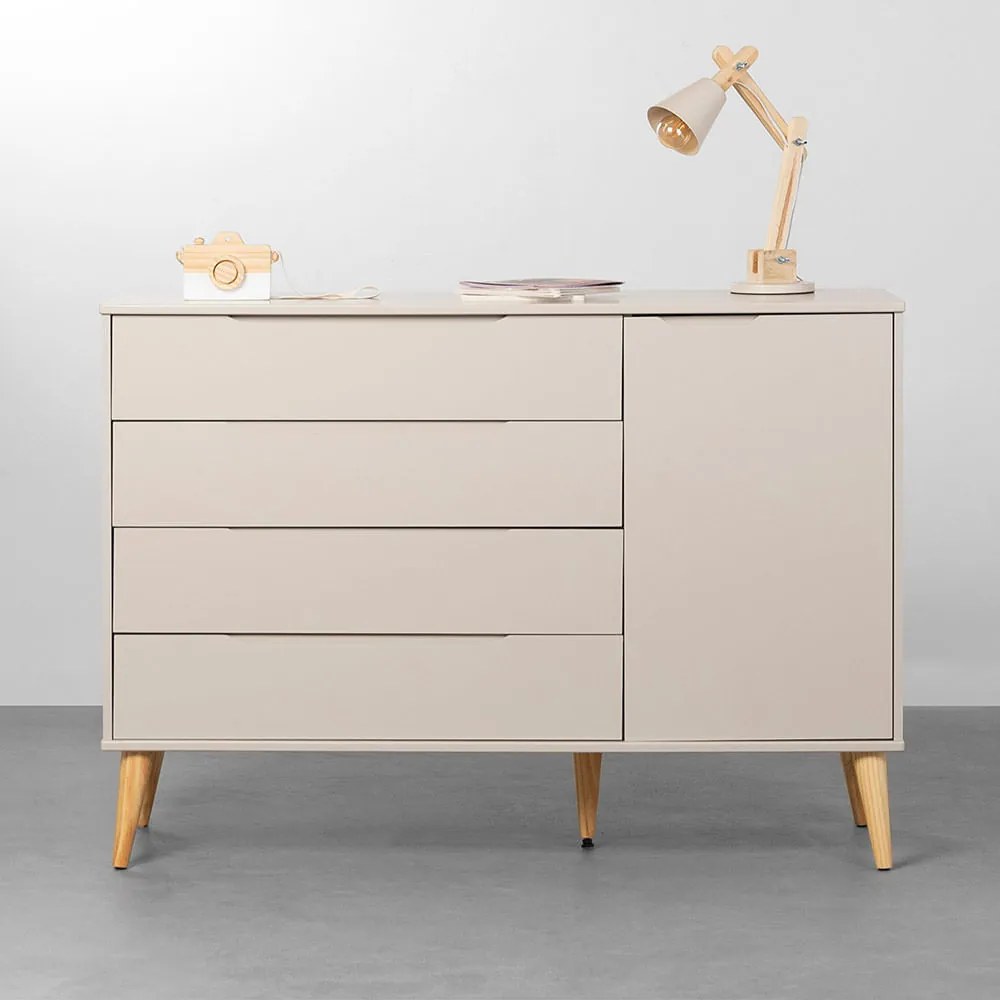 Cômoda Elfe 4 Gavetas e 1 Porta com Pés Retrô Natural - Areia Fosco
