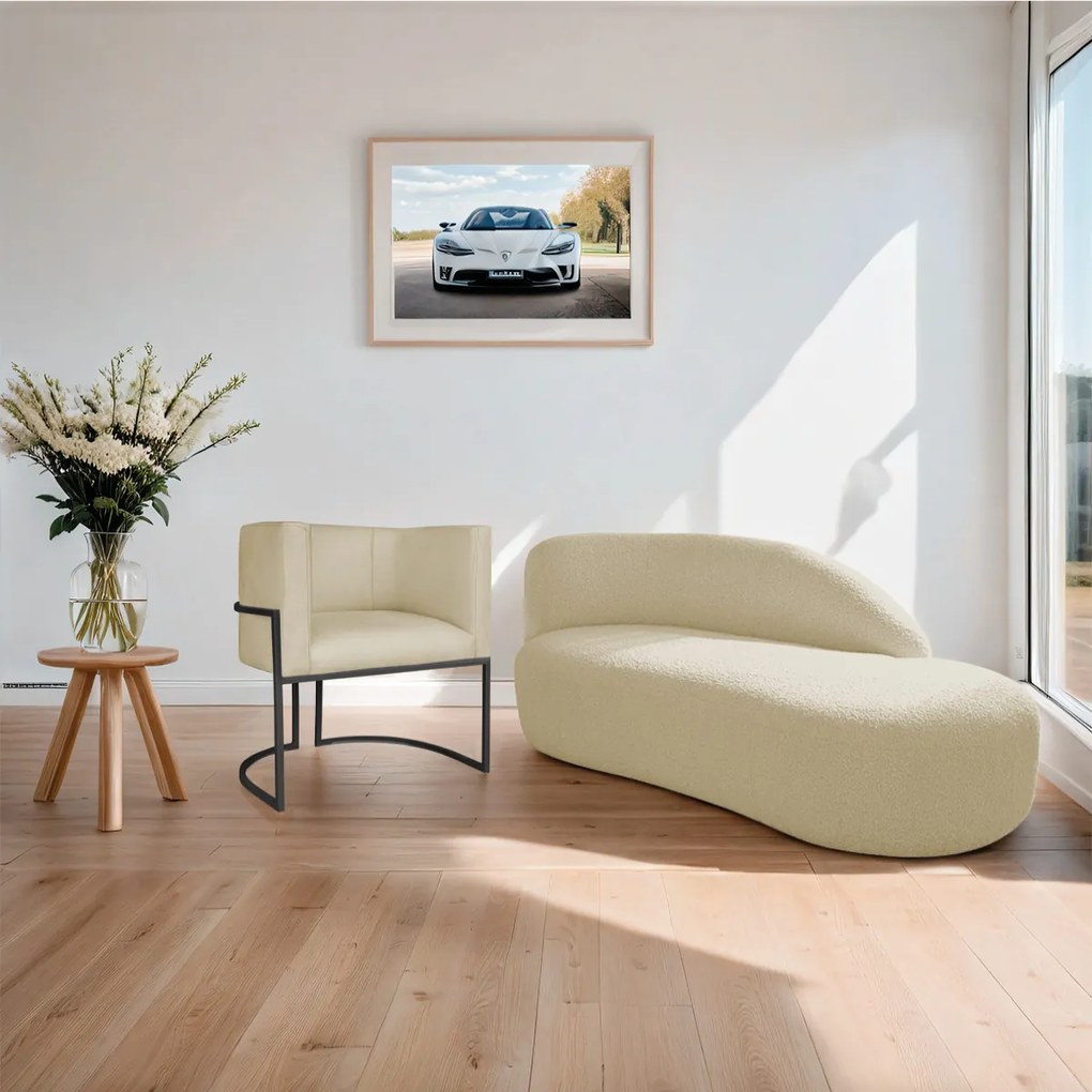 Kit Divã Luna 140cm Lado Direito e 01 Poltrona Base de Ferro Preto Suede