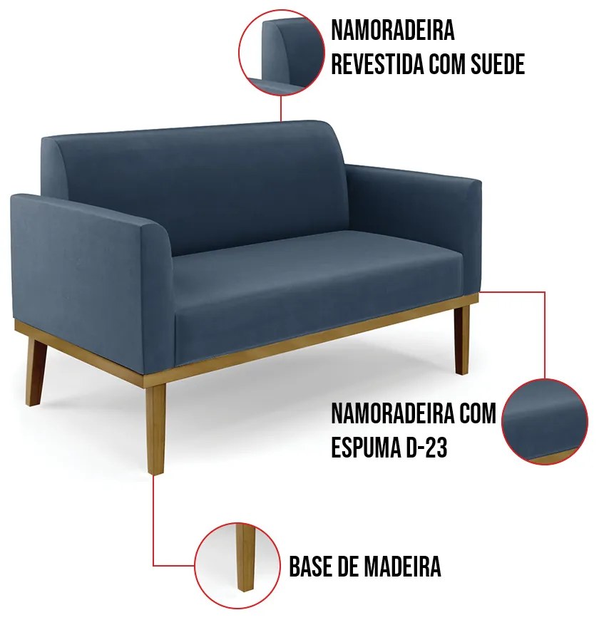 Sofá Namoradeira Base de Madeira Fixa Castanho Marisa Suede - Azul Marinho