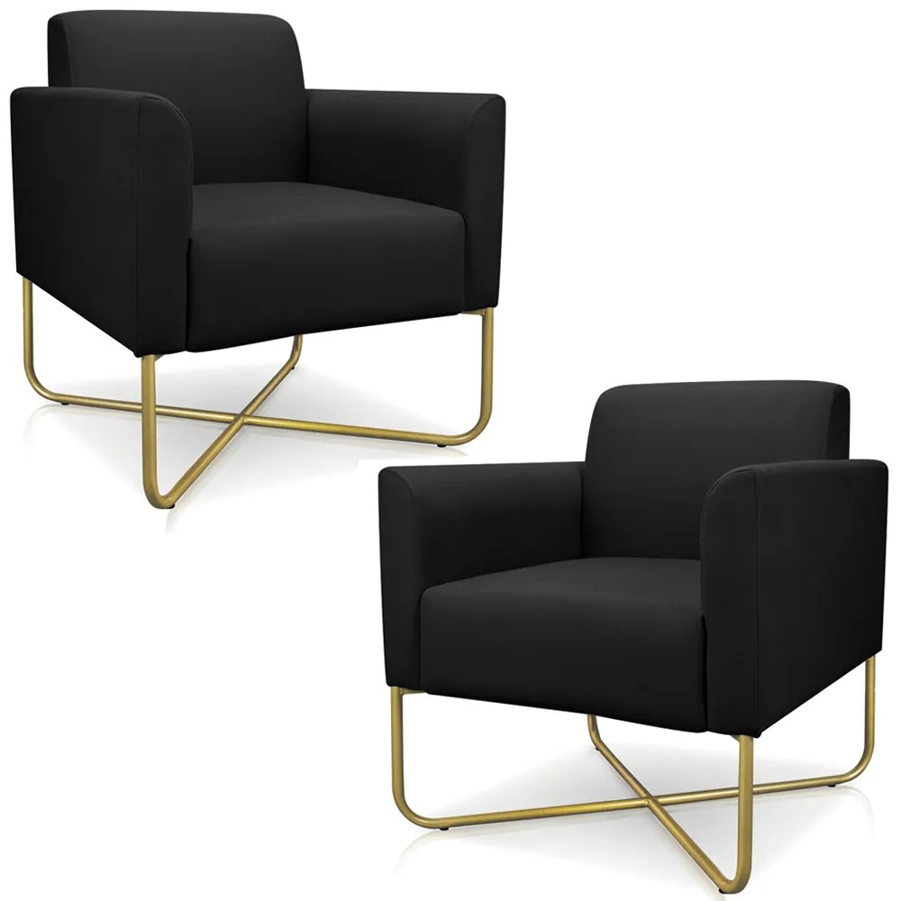 Kit 2 Poltronas Decorativas Isabella Base X Suede Preto/Dourado G19 - Gran Belo