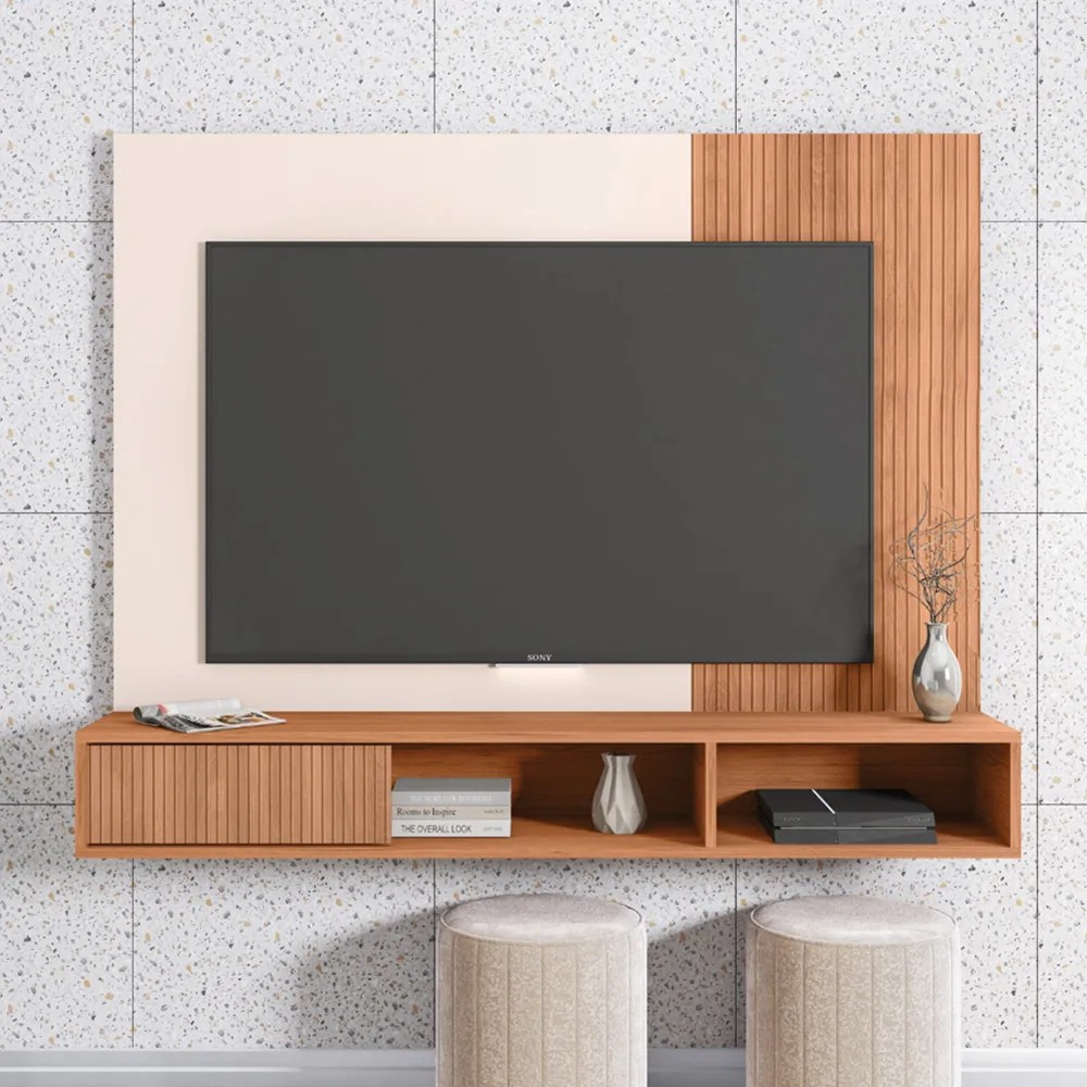 Painel Bellara 135,5cm para TV até 55 com Porta e Prateleiras Nichos MDP Freijo/OffWhite G11 - Gran Belo