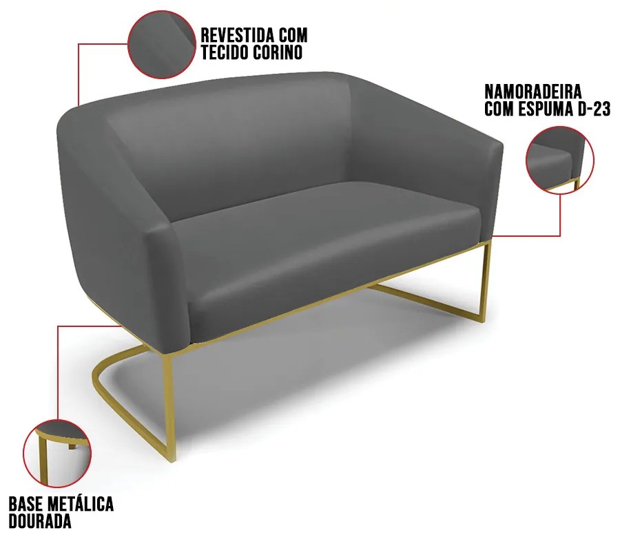 Sofá 2 Lugares Namoradeira Industrial Dourado Stella Sintético Grafite D03 - D'Rossi