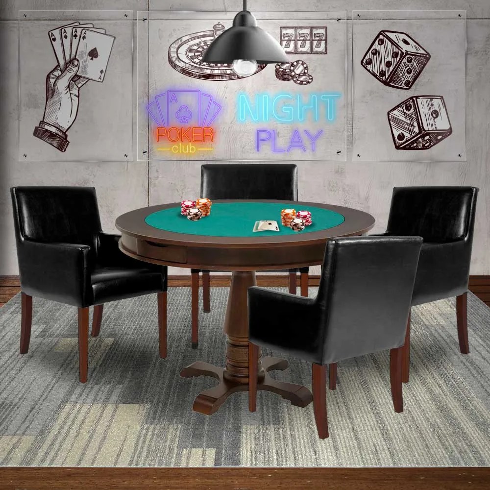 Mesa de Jogos Carteado Victoria Redonda Tampo Reversível Imbuia com 4 Cadeiras Liverpool PU Preto Liso G36 G15 - Gran Belo