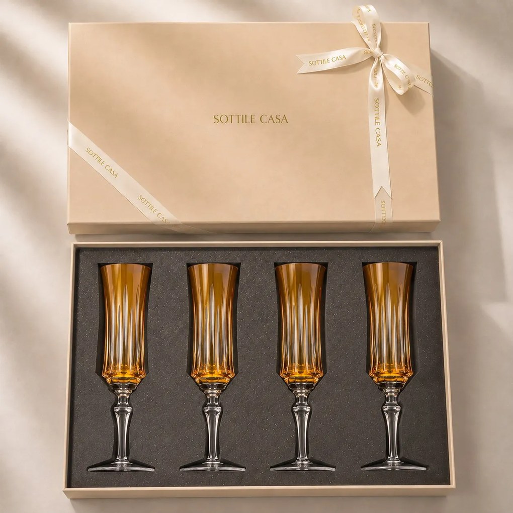 Kit 4 Taças de Cristal Flauta Lapidado 66 p/ Champanhe c/ Caixa de Presente - Amarelo Amarelo