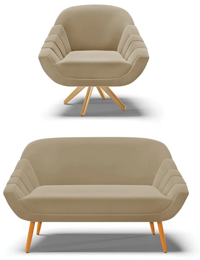 Kit 01 Namoradeira 02 Lugares e 01 Poltrona Giratória Giovana Suede Base Madeira MA30 - D'Rossi - Marrom Rato
