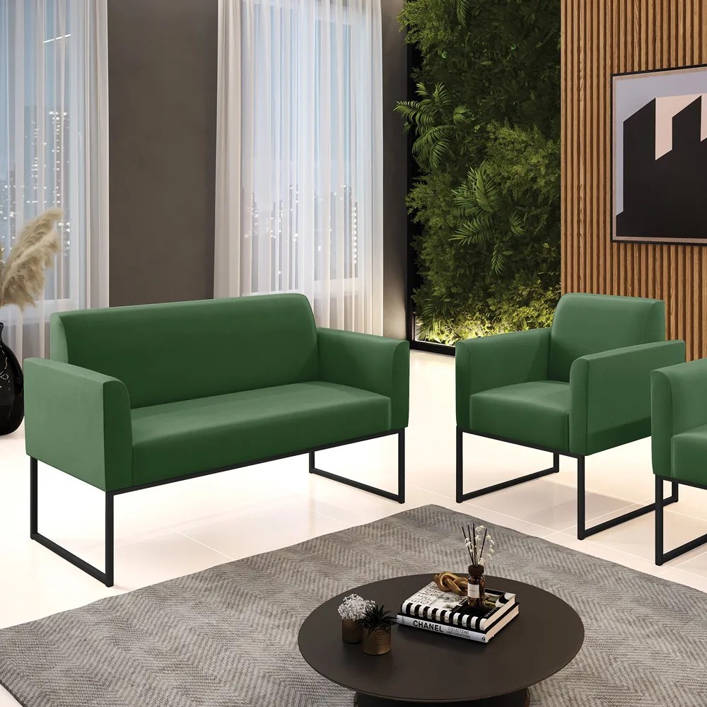Sofá Namoradeira com Poltrona Base Industrial Preto Marisa Suede Verde D03 - D'Rossi