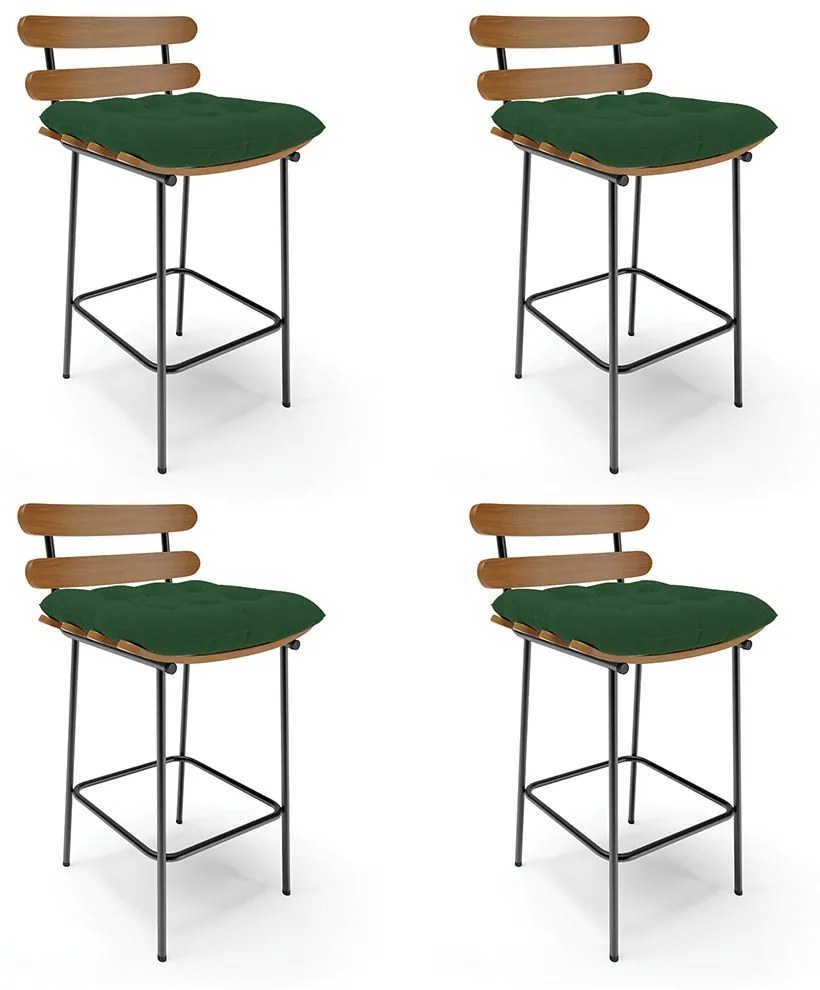Kit 04 Banquetas Costela Veludo Base Metálica Preto - D'Rossi - Verde