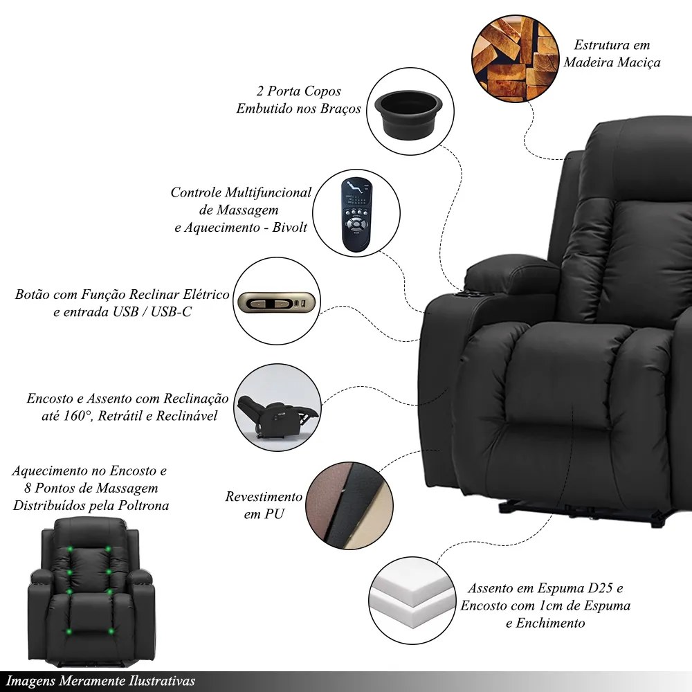 Poltrona do Papai Elétrica Reclinável Austin com Massagem Aquecimento entrada USB/USB-C PU Preto G94 - Gran Belo