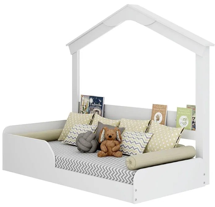 Cama Solteiro Infantil Mimo Com Casinha Porta Livros - Branco