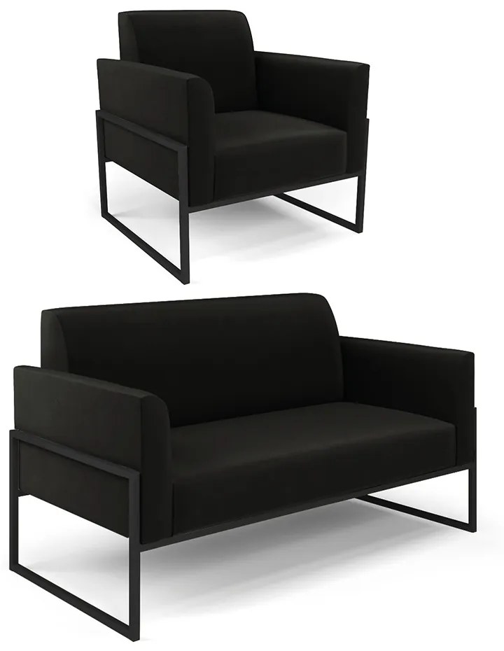 Sofá Namoradeira com Poltrona Base Industrial Alta Preto Marisa Suede D03 - DRossi - Preto