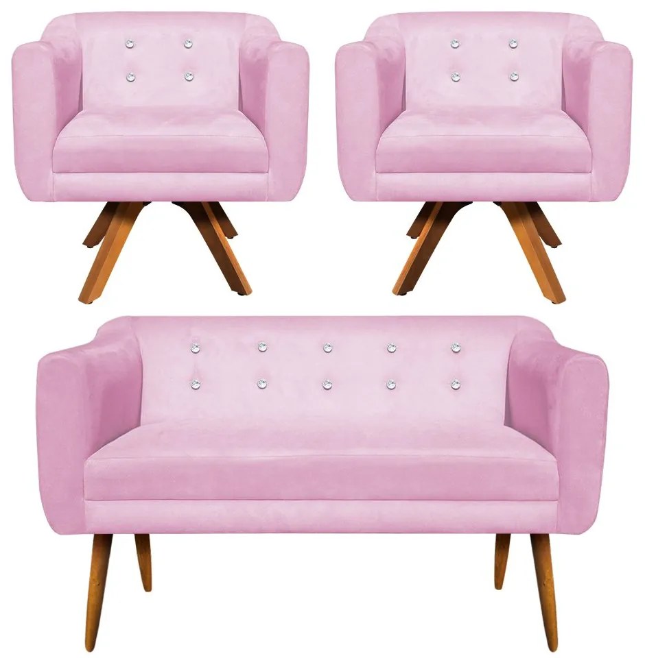 Kit 01 Namoradeira e 02 Poltronas Giratória Julia Suede com Strass Base Madeira MM30 D01 - D'Rossi - Rosa Bebê