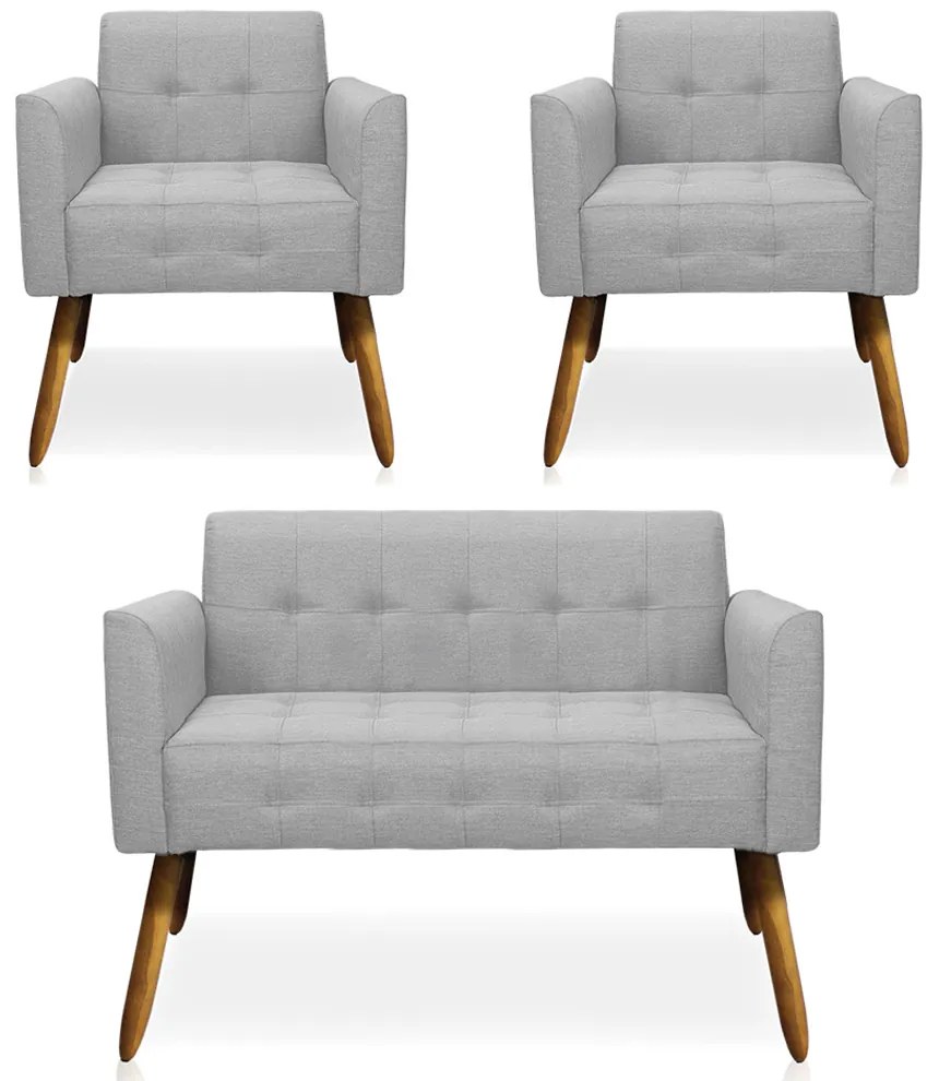 Conjunto 2 Poltronas e 1 Namoradeira Pés Palito Karen Linho Cinza G19 - Gran Belo