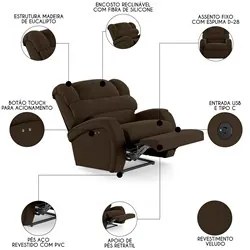 Poltrona do Papai Reclinável Kalie Power Touch USB FH9 Veludo Marrom -