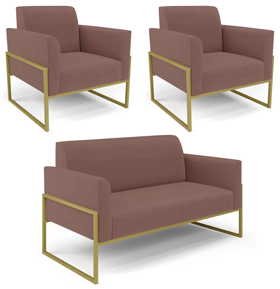 Sofá Namoradeira com 2 Poltronas Base Industrial Alta Dourado Marisa Veludo D03 - DRossi - Rose