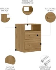 Mesa de Cabeceira Para Quarto 2 Gavetas Kit 2 Ares Z17 freijó - Mpozen