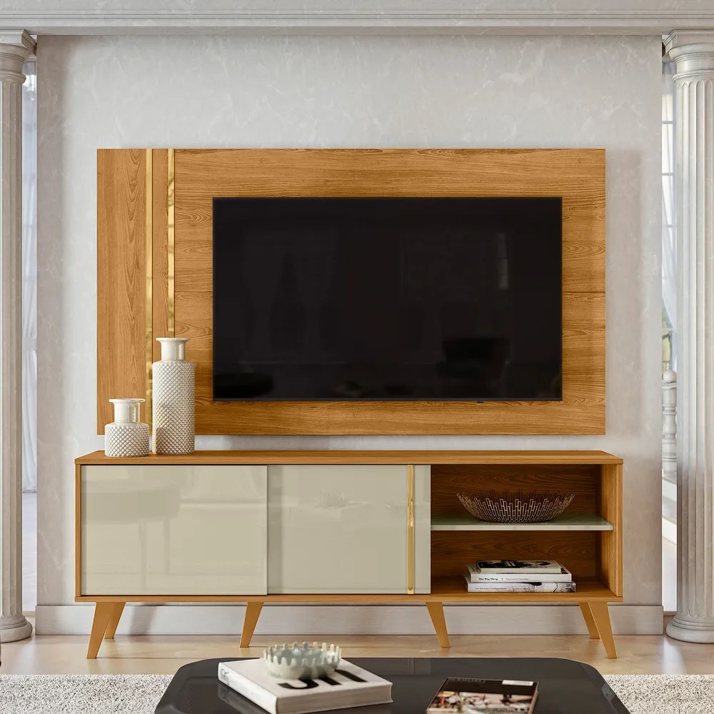 Painel TV 60 Pol 160cm com Rack Bancada para Sala Hylon M20 - D'Rossi - Cumaru e Opala