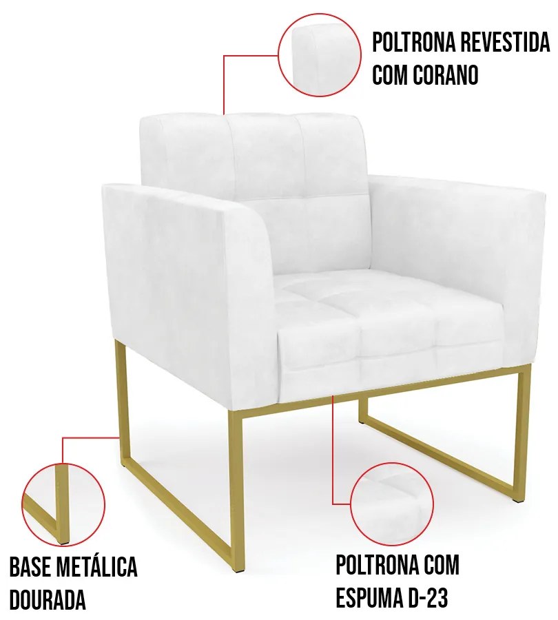 Kit 1 Sofá Namoradeira e 2 Poltronas Elisa Corano Base Metálica Industrial Dourado D01 - D'Rossi - Branco