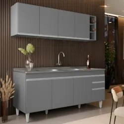 Armário Cozinha e Balcão Com Pia 180cm Dallas Cinza         - Lumil