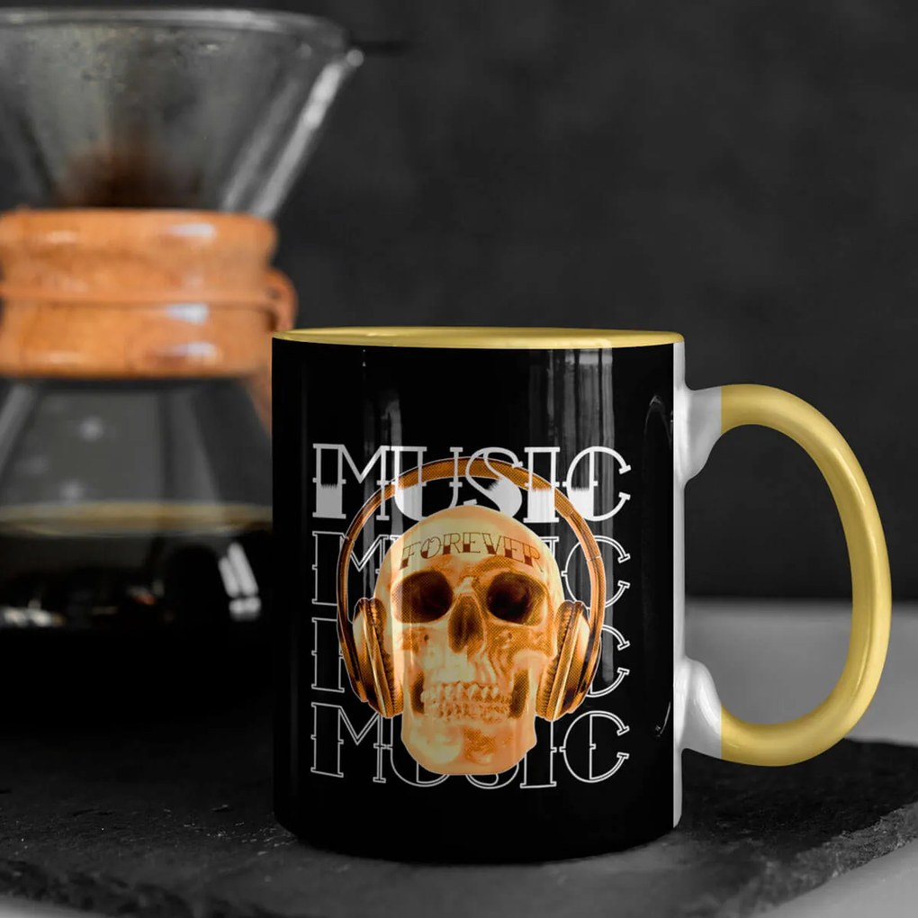 Caneca Caveira Skull Music Forever com Alça Amarela