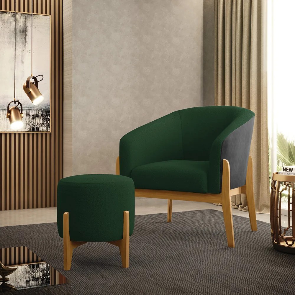 Poltrona e Puff Decorativo Base Madeira Stella PU Preto/Bouclê D03 - D'Rossi - Verde