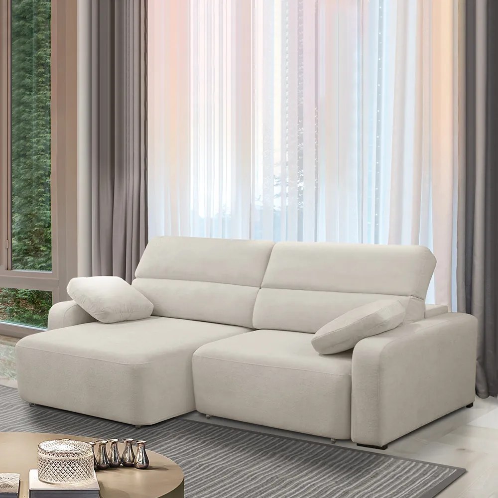 Sofá Decorativo Sala de Estar Ibiza 4 Lugares 280cm Reclinável e Retrátil Bouclê Off White G89 - Gran Belo