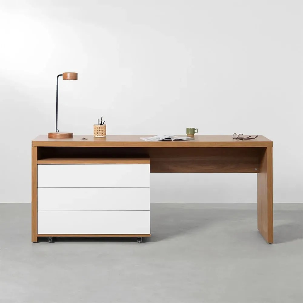 Conjunto Office - Bancada Contemporânea 1,36m + Gaveteiro Contemporâneo 3 Gavetas 85cm - Louro Freijó e Branco