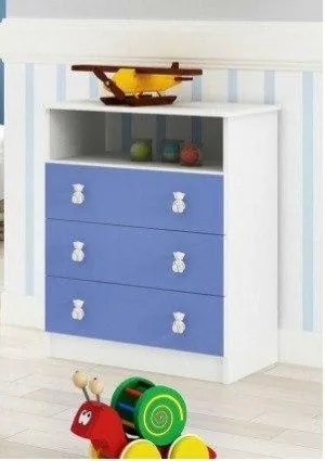 Quarto de Bebê Completo: Guarda-roupa + Cômoda 3 Gavetas + Berço Com Rodinhas- Branco/Azul