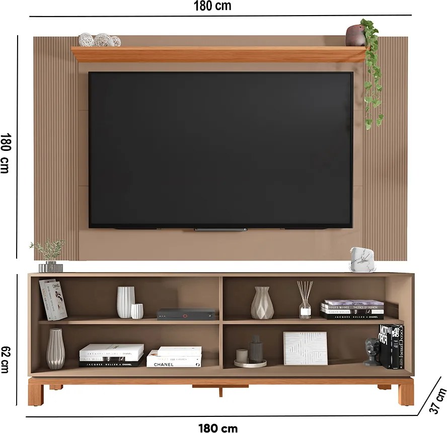 Painel TV 65 Pol 180cm com Rack Bancada para Sala Visari C01 - D'Rossi - Marrom/Freijó